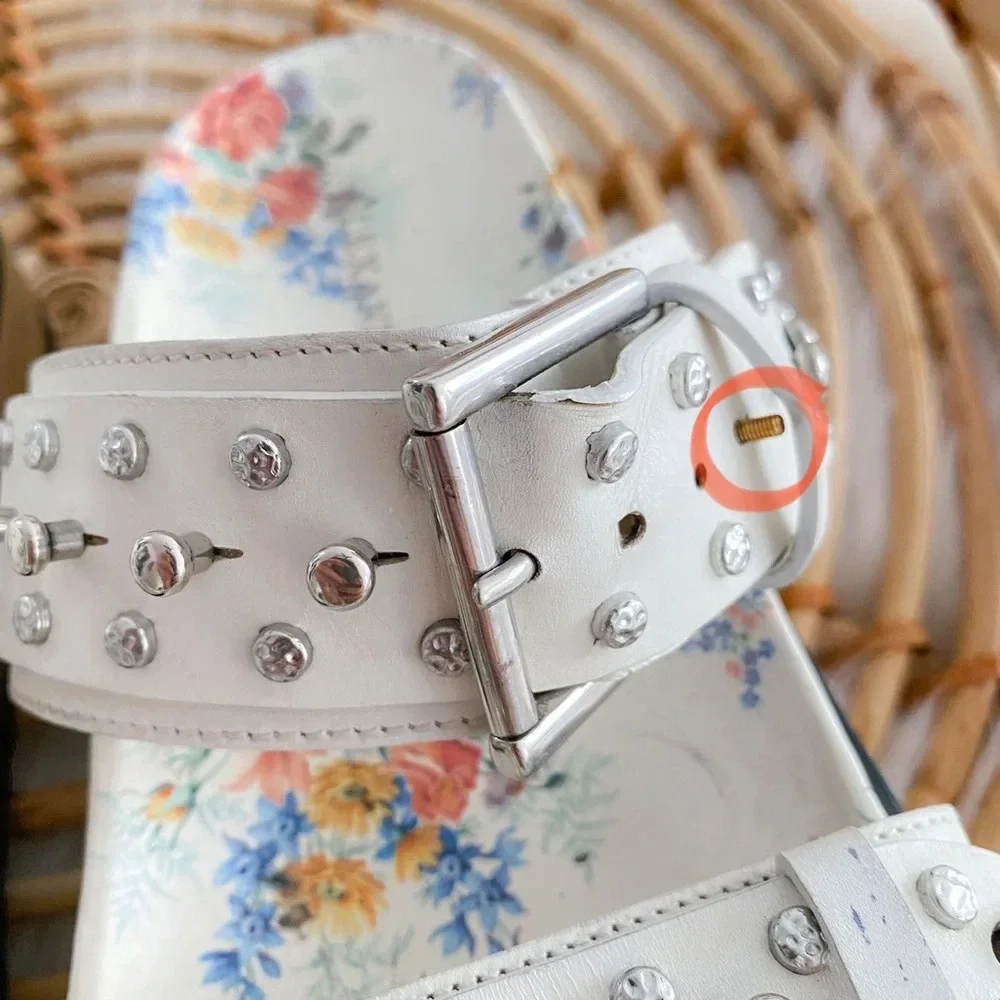 Alexander McQueen Platform Sandals Slides Studded Cream Leather Flower Print